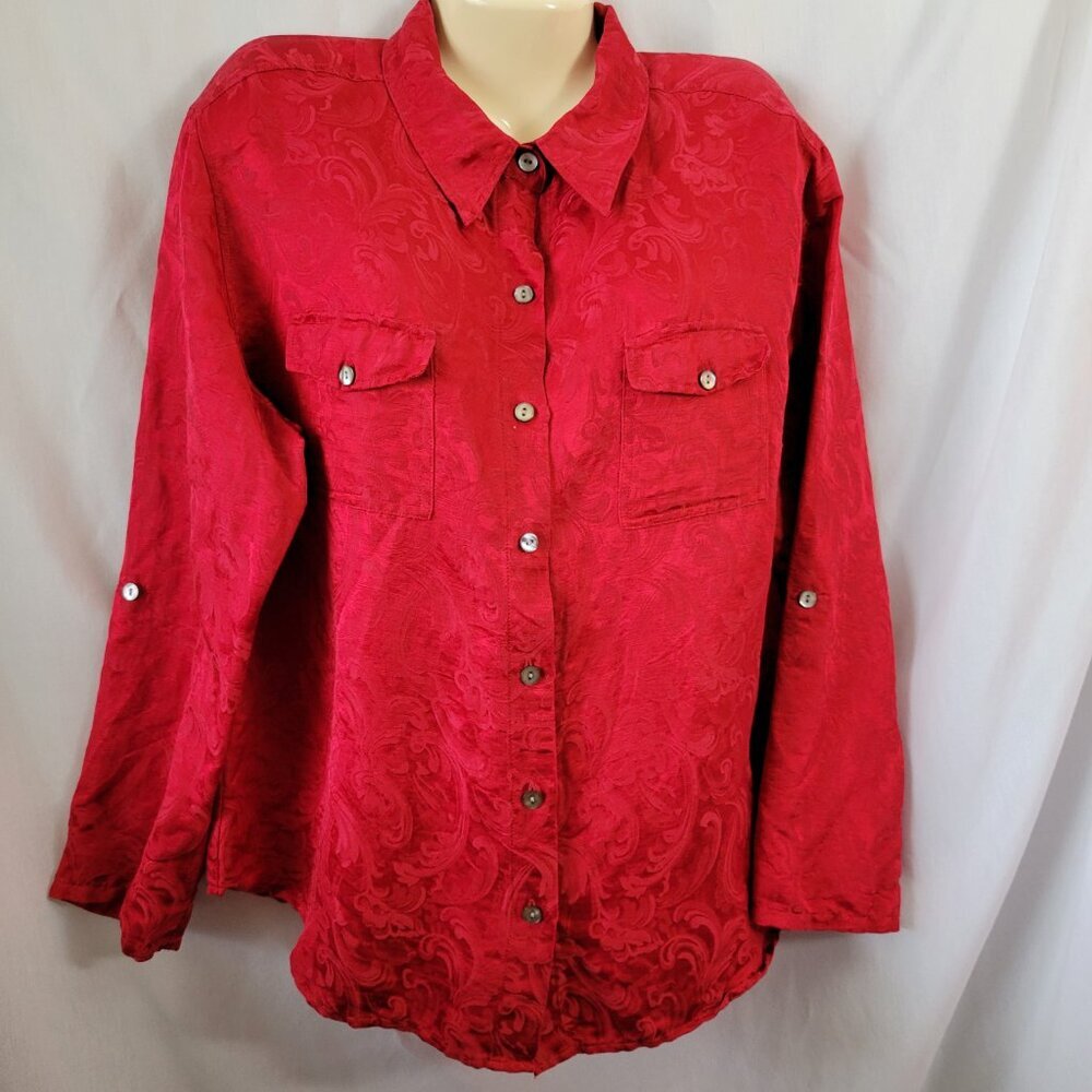 Chico's Design Blouse Red Silk Linen Blend L 16 Jacquard embossed (their sz 2)